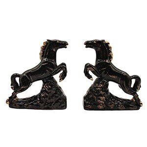 Vintage Set Pottery Hand Painted Horse Stallion Bookends Black Gold Detail 7x9"